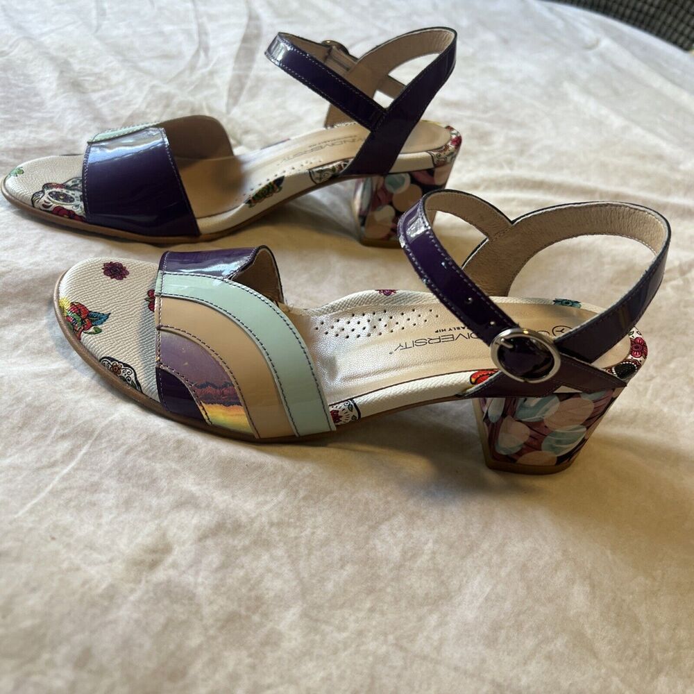 Unity In Diversity Leather Block Heel Sandals Pur… - image 1